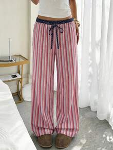 CovetEZ Women's Drawstring Waist Striped Wide Leg Loose Casual Pants - Pink - View 3