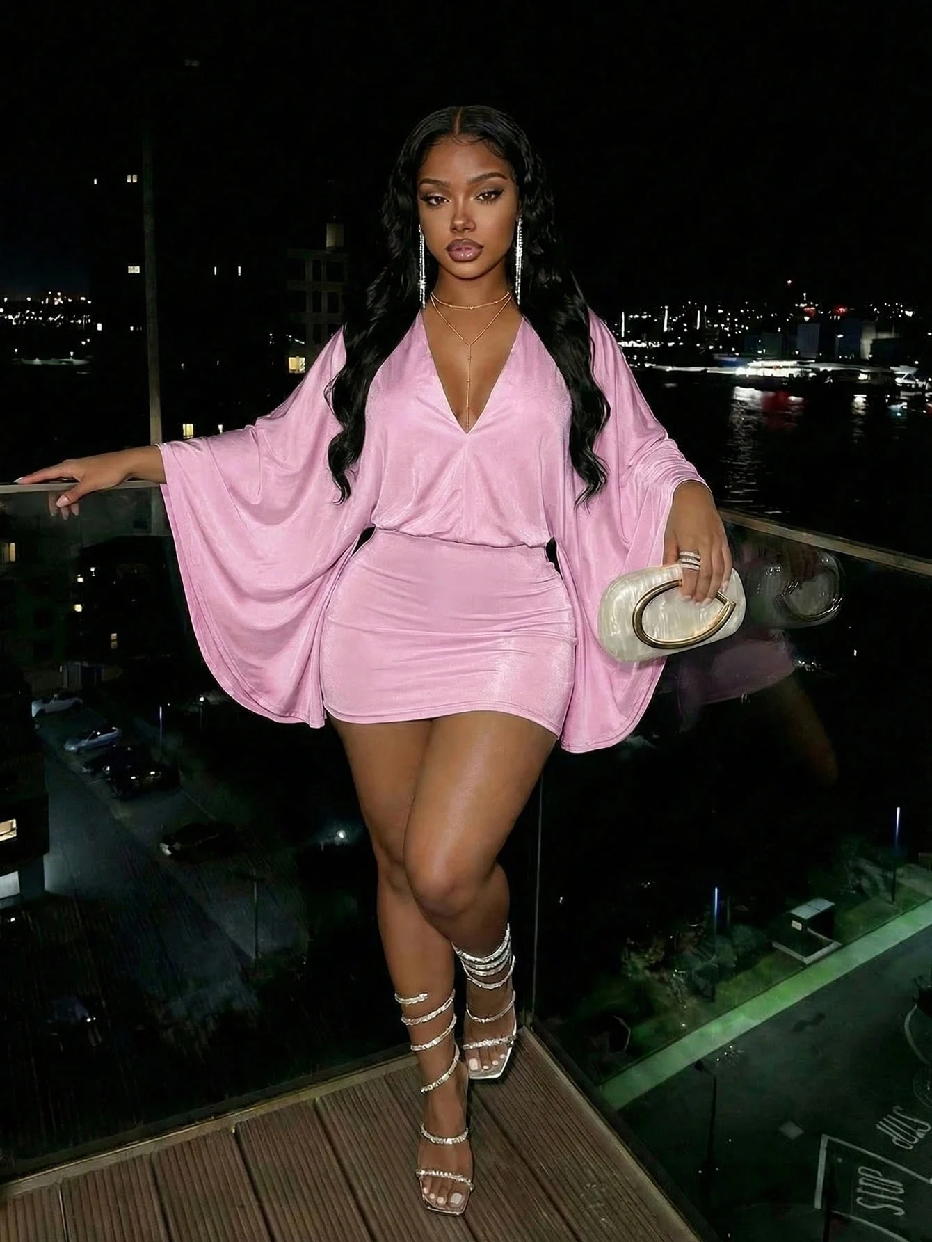 Slaydiva Elegant Mint Blue Deep V Batwing Sleeve Loose Bodycon Mini Dress