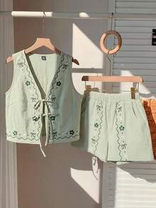 Conjunto de chaleco y pantalones cortos de estampado de anacardo con cordón en la cintura, estilo bohemio de verano para vacaciones, color verde oliva tejido para mujer - Verde - Ver 4