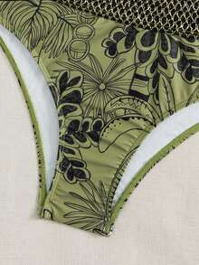 Swim Lushoire 女士成熟度假时尚优雅夏季沙滩轻奢波西米亚风黑色线条热带棕榈叶印花抹胸吊带比基尼上衣，饰有编织带饰边拼接设计，搭配黑色和银色交织带高腰比基尼下装，两件式泳衣套装，吊带背心比基尼套装，成熟性感，适合度假、春假、秋季节日、春季促销、海滩度假风。波西米亚风比基尼套装。热带棕榈叶印花比基尼。海岸风情。 - 彩色 - 查看 11