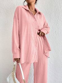 EMERY ROSE Women's Solid Color Single-Breasted Long Sleeve Top And Wide Leg Pants Casual 2 Pieces Set - Pink - View 6