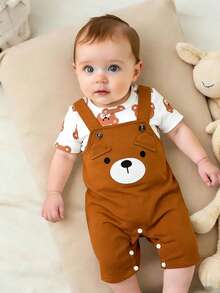 SHEIN 2pcs Newborn Summer Cute Brown And White Polka Dot Set Cartoon Teddy Bear Knitted Fabric Adjustable Straps Family Matching Outfits For Baby Parties - Brown - View 3