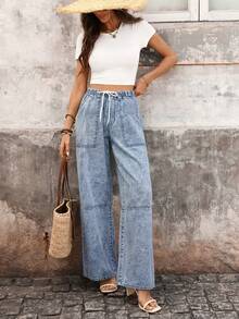 Breezaya Women's Drawstring Waist Pocket Casual Versatile Daily Wear Wide Leg Jeans - Blue - View 5