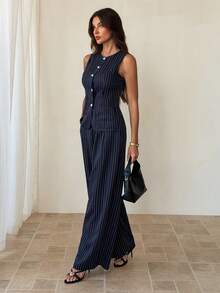 SHEIN Tall Bộ áo và quần không tay kẻ sọc mới dành cho nữ, kiểu dáng retro màu xanh navy, ôm eo, bộ hai mảnh thời trang để đi làm, món đồ thiết yếu cho công sở nữ, bộ đồ kẻ sọc, bộ đồ giáo viên nữ. - Màu xanh lam - Xem 5