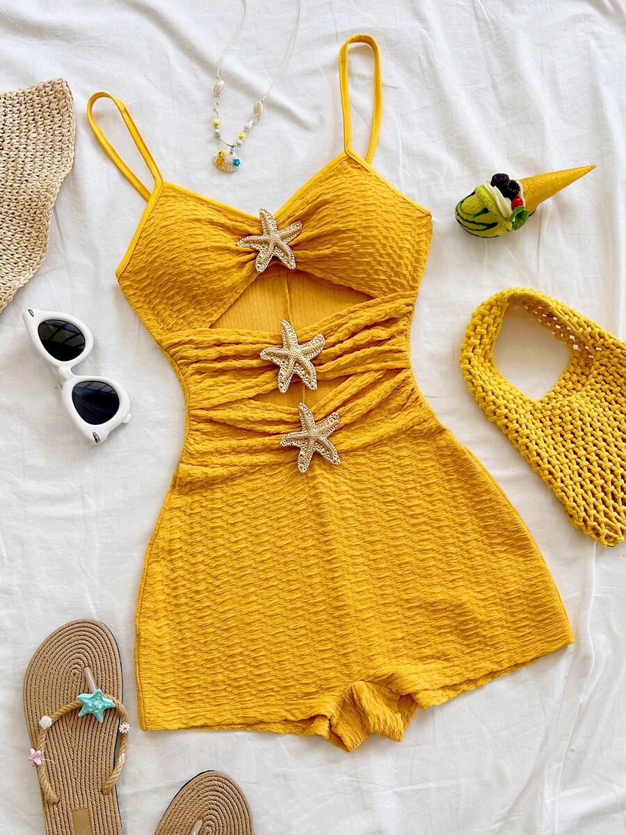 Soleia Bộ jumpsuit nữ màu trơn, đính kim loại, khoét rỗng, thích hợp cho tiệc tùng hoặc mặc ở nhà. - Màu vàng - Xem 1