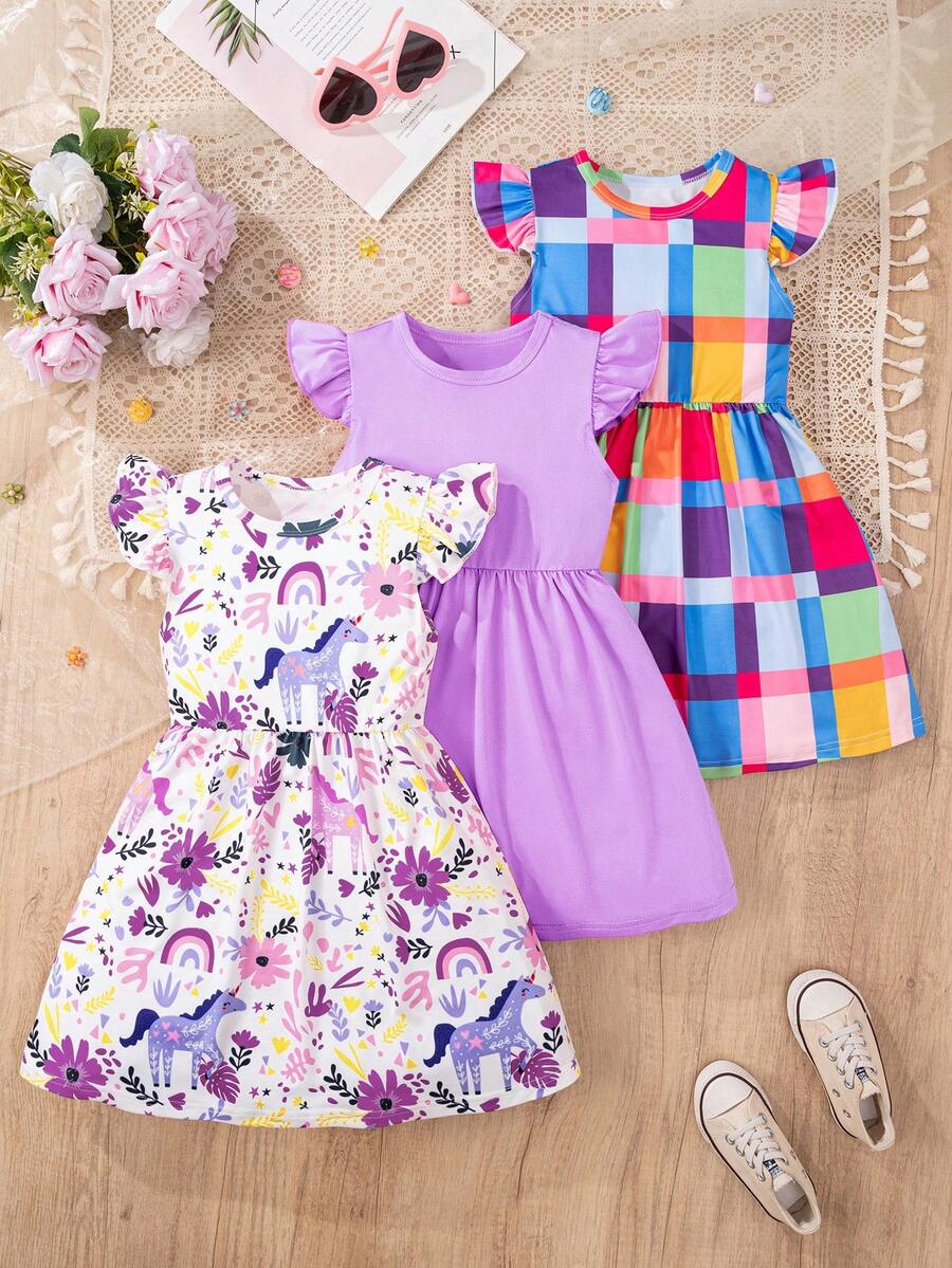 Elladie kids 3件套女童卡通碎花格子图案短袖连衣裙，夏季女童连衣裙，儿童连衣裙，女童春季连衣裙，幼儿连衣裙，儿童连衣裙，夏季套装，优雅派对连衣裙，柔软连衣裙。可爱女童连衣裙，夏季套装。优雅派对连衣裙。柔软连衣裙。 - 彩色 - 查看 1