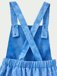 SHEIN Casuvi Kids Tween女孩時尚淺藍色印花星星圖案吊帶褲，休閒校園開學個性化秋季背帶褲整體裝 - 藍色 - 查看 6