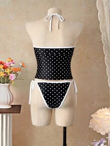 Bellisia Bộ áo hai dây tankini in họa tiết chấm bi dành cho nữ - Đen và trắng - Xem 2