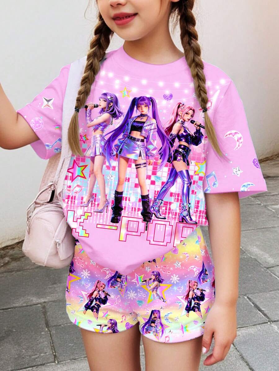2件套卡通女孩多巴胺渐变色K-Pop巨星休闲短袖T恤短裤套装,适合夏季穿着 - 彩色 - 查看 1
