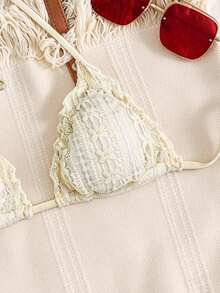 Elavelle 女士提花面料挂脖比基尼上衣，春夏款 - 杏色 - 查看 6