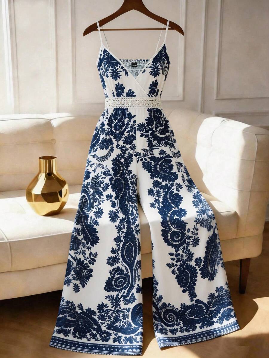 Franclia 女士优雅蕾丝交叉V领阔腿连体裤 女士度假套装 两件套 女士两件套 女士夏季套装 女士两件套 - 彩色 - 查看 1