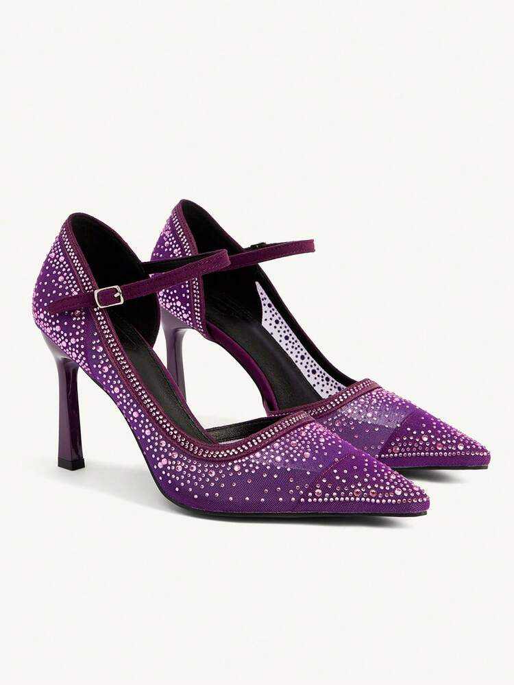 CUCCOO CHICEST Women's Pointed Toe High Heel Shoes, Rhinestone Decor Mesh Fabric, Fashion Comfortable For Daily, Party, Banquet, Buckle Strap Design Valentine's Day Elegant Shoes Wedding Shoes