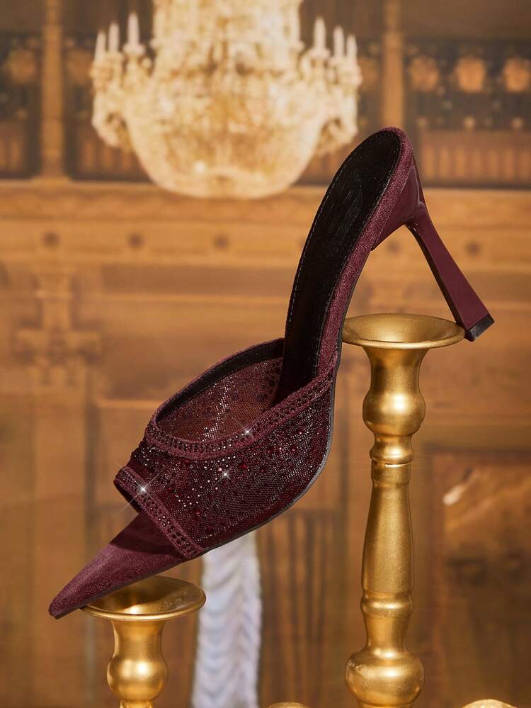 CUCCOO TILAWA Women's Pointed Toe High Heel Shoes, Rhinestone Decor Mesh Material, Fashion Comfortable For Daily, Party, Banquet, Slip-On Backless Sandals Summer Shoes
