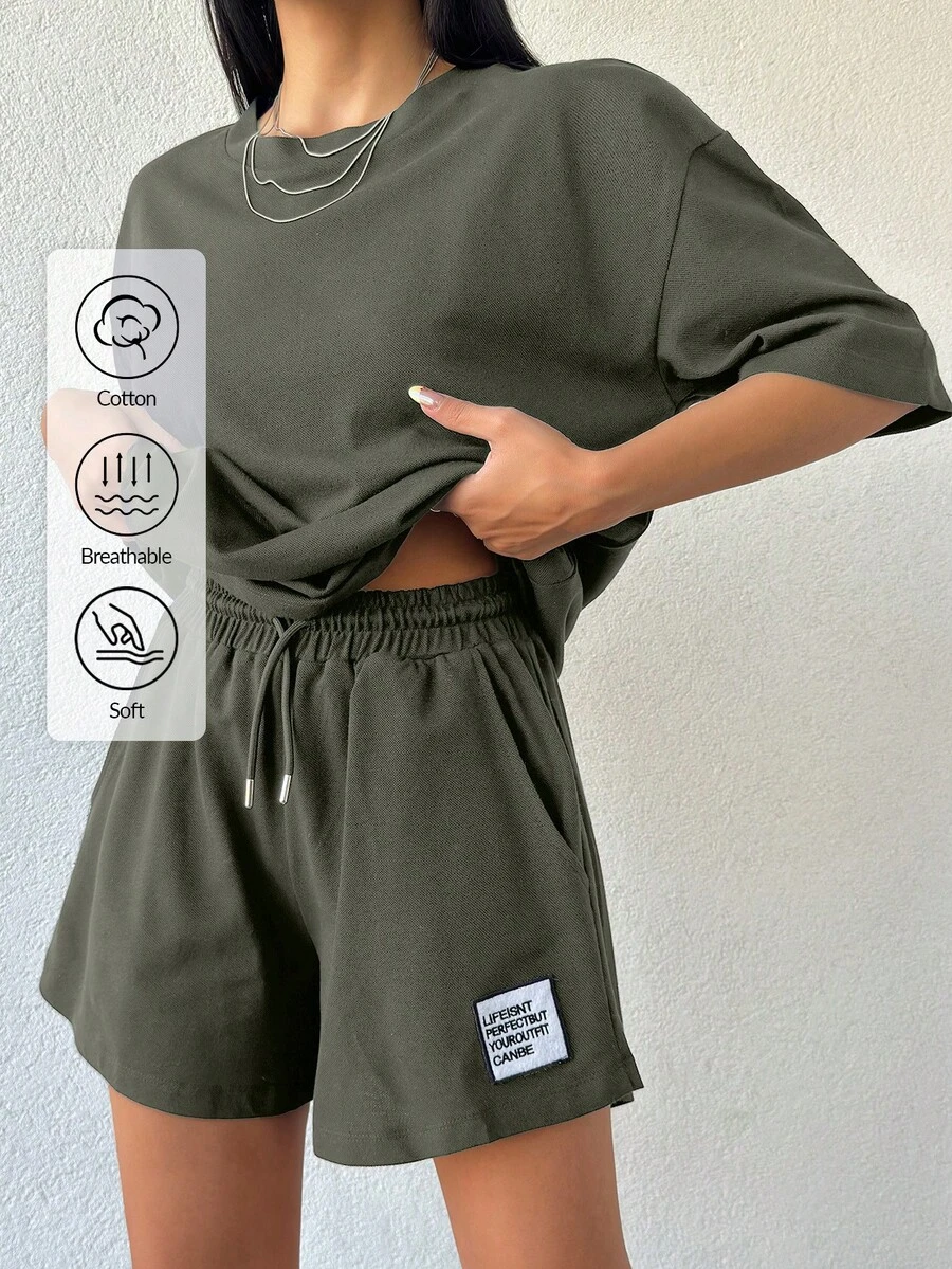 EURMUSE 100%Cotton Women Solid Color T-Shirt & Embroidery Detailed Shorts - Army Green - View 1