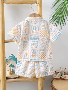 SHEIN Vintaside Kids 男婴春夏清新风格套装 - 翻领前开短袖植物印花衬衫和配套短裤，适合户外玩耍、居家舒适、休闲聚会的休闲装 - 杏色 - 查看 2