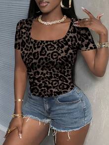 Slaydiva Casual Loose Square Neck Plus Size T-Shirt, Suitable For Summer - Multicolor - View 5