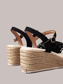 Styleloop Women's Platform Wedge Sandals, Summer Open Toe Woven Rope Sandals With Rhinestone Decor, Bohemian Style Beach Vacation Slip-On Sandals - Black - View 5