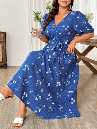 Weeklong Plus Size Women's Summer Printed Cotton Linen Fabric Blue V-Neck Decorative Neck Puff Sleeve Elastic Waist Tie Bow Maxi A-Line Dress