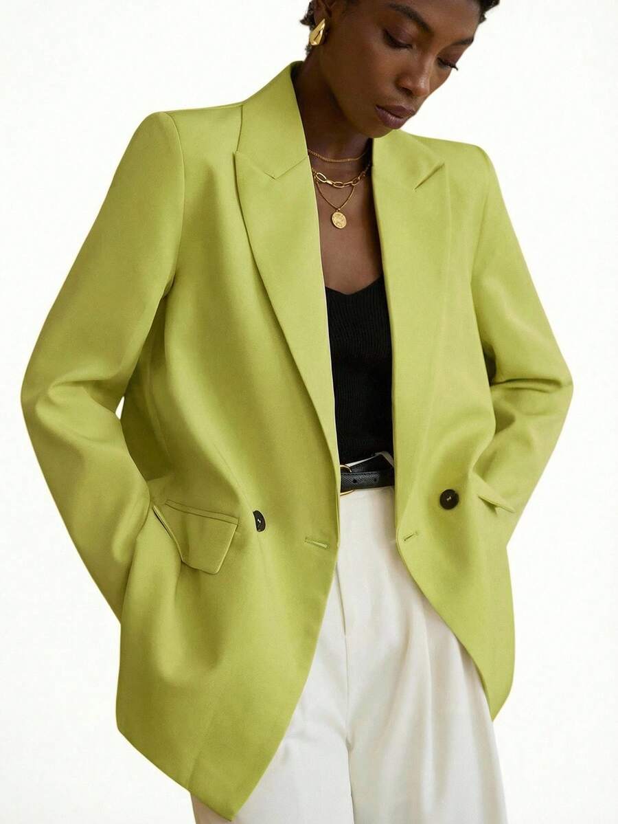 Aveloria Modichic Solid Color Shawl Neck Minimalist Design Double Breasted Lapel Neck Blazer - Green - View 1