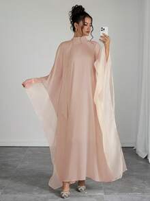 SHEIN Raffinéa Đầm nữ thanh lịch màu trơn cổ đứng tay loe dáng rộng - Hồng - Xem 1