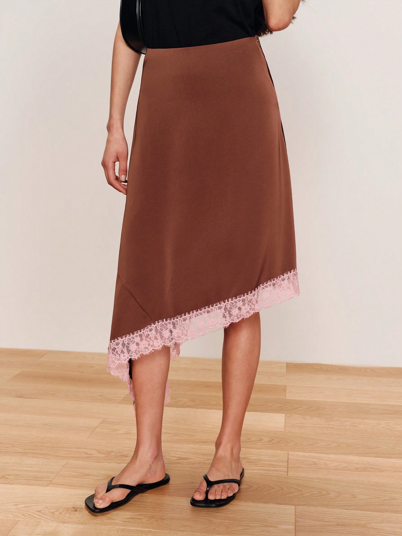 Chocolate Brown Satin Asymmetric Midi Skirt With Contrast Pink Lace Hem Going Out Satin Skirt Spring Summer French Style Parisian Style Casual Outfits
