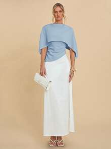 Women's Solid Color Round Neck Cape Design Shirt - Baby Blue - View 3