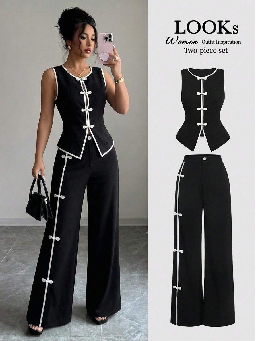 SHEIN Clasi Women's Spring/Summer Elegant Elegant Black & White Contrast Single-Breasted Vest Shirt + Women's Spring/Summer Elegant Black Side Button Design Straight Leg Pants - Black - View 1
