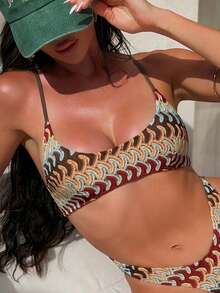 SHEIN Swim 彩色钩编纹理连体泳衣，挂脖式，修身斑马纹比基尼套装，斑马纹罩衫，连体比基尼套装，女士比基尼套装，女士泳装，连体度假装，女士比基尼套装 - 彩色 - 查看 5