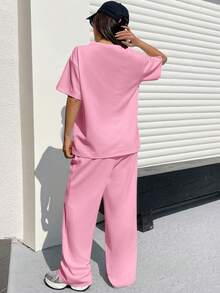 Muchica Light Pink Textured Casual Loose T-Shirt And Pants Set For Women - Baby Pink - View 2