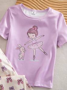 SHEIN 2件套 少女可爱休闲梦幻紫色芭蕾舞鞋印花短袖打底裤家居服套装，春夏款 - 紫色 - 查看 6