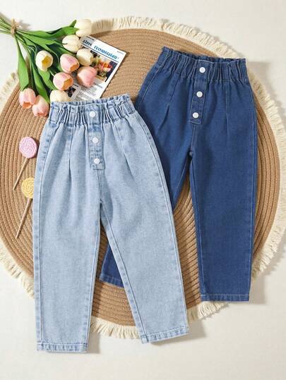 Jeans de talle alto con cintura elástica y estampado floral, de ajuste holgado y lavado, hechos de denim de algodón suave y ligero, un imprescindible para niñas. Conjunto casual minimalista de 2 piezas apto para todas las estaciones, versátil y de moda para uso diario, sesiones de fotos, salidas, reuniones y vacaciones. Nuevo lanzamiento 2026