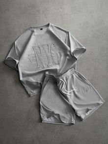 Manfinity Roghcode Set di magliette casual alla moda da uomo, con marchio e ricamo di lettere, confortevoli - Grigio - Visualizzare 1