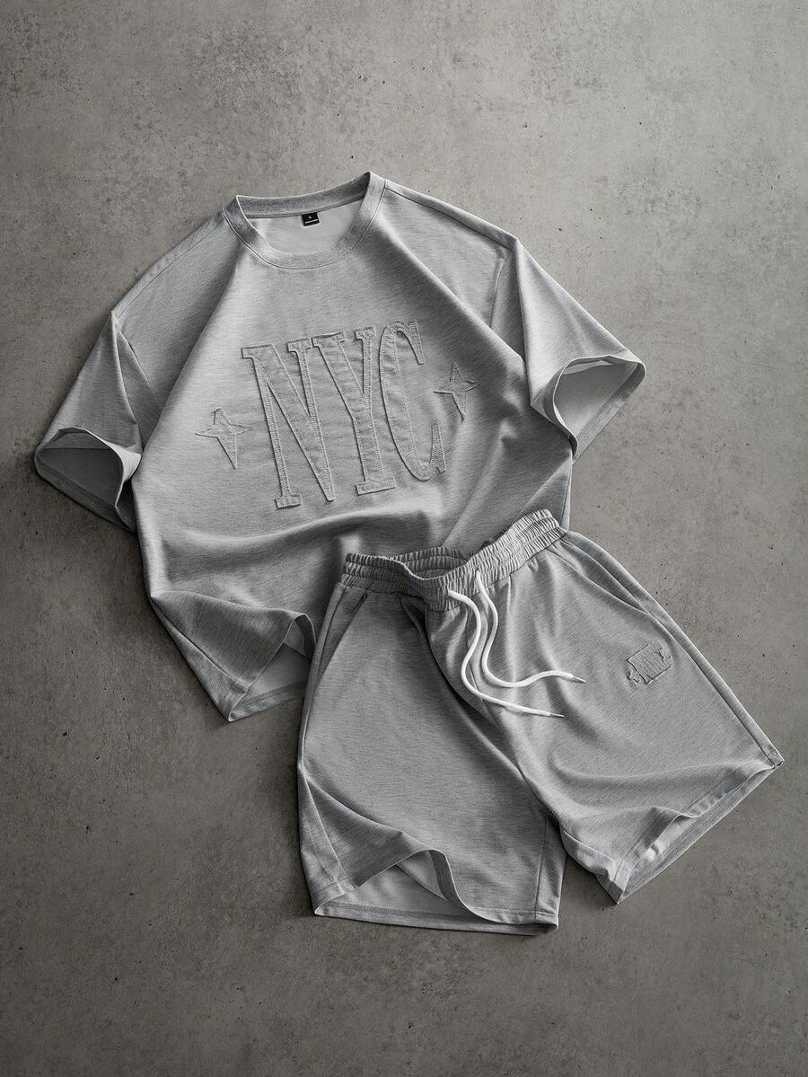 Manfinity Roghcode Set di magliette casual alla moda da uomo, con marchio e ricamo di lettere, confortevoli - Grigio - Visualizzare 1