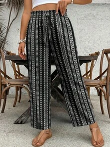 SHEIN VCAY Bohemian Striped Print Plus Size Pants, Suitable For Beach & Resort Wear - Multicolor - View 6