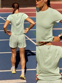 GLOWMODE Camiseta de cuello redondo de ajuste regular, ultraligera, de secado rápido, con dobladillo curvo, costuras reflectantes, para correr, entrenar, tenis y uso diario activo - Verde - Ver 8