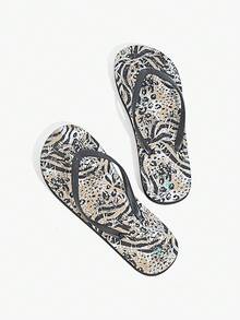 Grefit Chanclas de mujer, sandalias con estampado de leopardo y animal sexy, pantuflas de suela blanda para el hogar, adecuadas para el baño, de secado rápido, para usar en exteriores, chanclas de playa para vacaciones - Negro - Ver 2
