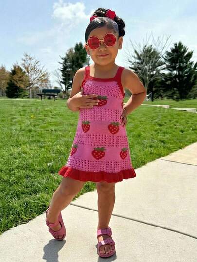 SHEIN Young Girl Casual Vacation Crochet Fuchsia Starfish Crochet Dress