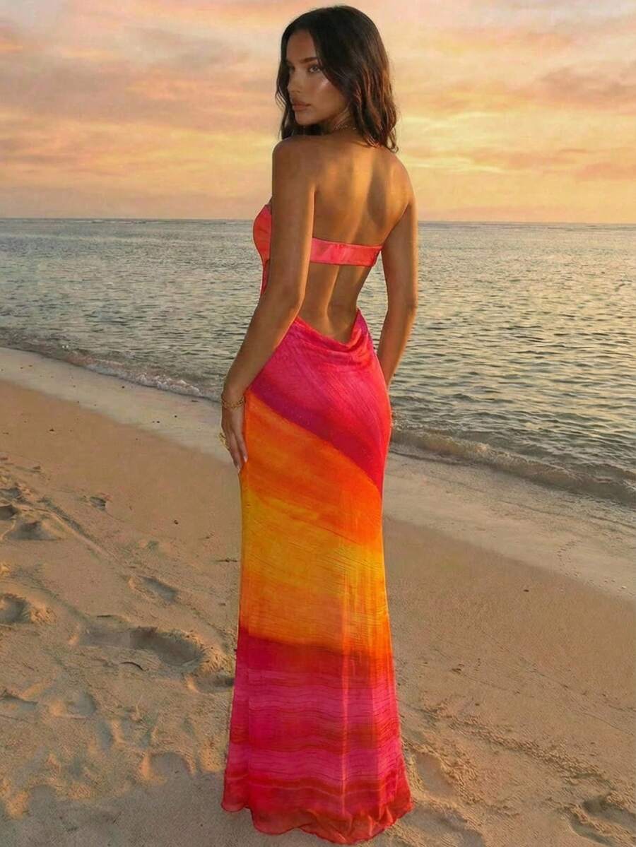 Aloruh 女士扎染印花金属装饰镂空连衣裙，适合度假、夏季穿着，是夏季沙滩装、波西米亚热带风情度假女装、碎花连衣裙、性感夏季装扮、沙滩装扮和夏季时尚女装的理想之选。 - 淡黃色 - 查看 1