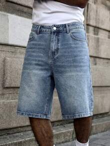 Manfinity EMRG Men's Street Fashion Casual Printed Shadow Blue Denim Shorts - Medium Wash - View 4