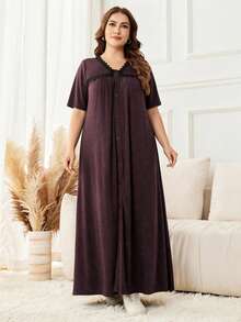 Lacomfia V-Neck Casual Everyday Fashion Minimalist Gray Loose Fit Long Dress With Knit Patchwork Lace Trim Button Decor, Plus Size - Red - View 4