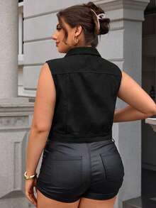 SHEIN Essnce Plus Size Sleeveless Denim Jacket, Casual Summer - Black - View 2