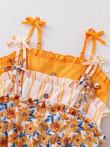 SHEIN Genkimix Kids 三件套少女休闲夏季服装：黄色碎花连体衣、条纹多色连体衣、橙色连体衣。适合多子女家庭、海滩度假、户外玩耍和上学穿着。包含柔软的蓝白格子樱桃图案连体衣、条纹连体衣。 - 彩色 - 查看 4