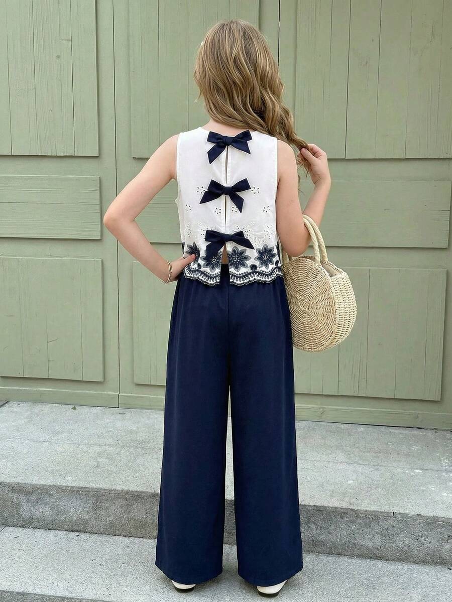 SHEIN Serisse Kids 少女蝴蝶结刺绣露背吊带背心和阔腿裤两件套休闲度假套装，藏蓝色 - 藏蓝色 - 查看 1
