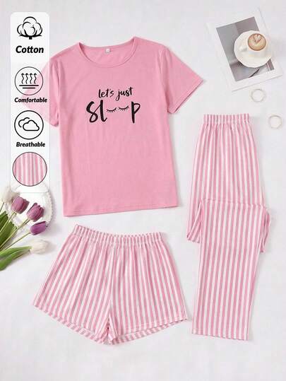 SHEIN 3pcs Cotton Women Solid Pink Cute Letter Sleep Print Short Sleeved Tee & Pink Stripe Pattern Short And Long Pants Homewear Comfort Casual Pajama Sleep Lounge Set