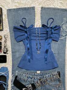 INAWLY Women's Casual Slim-Fit Camisole Top With Bow - Blue - View 4