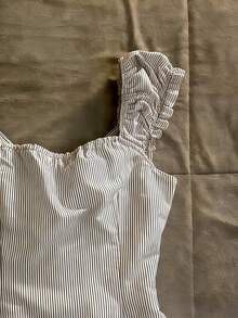 Glimmora Women's Fitted Ruffle Hem Striped Button Design Blouse - Black and White - View 5