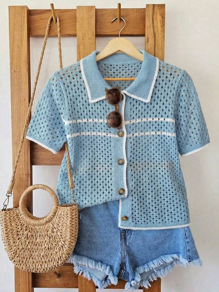 GlowEve Women's Summer Vacation Hollow-Out Knit Button-Front Short Sleeve Cardigan - Baby Blue - View 1