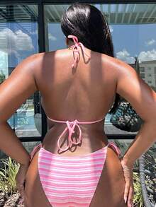 Alexandranx Women's Striped Halter Neck Bikini Set For Summer Beach, Separates - Pink - View 2