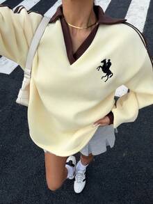 Muchica 女士秋冬季保暖内衬撞色缎带刺绣宽松高领卫衣，适合外出、街头风、Y2K风格 - 黃色 - 查看 7