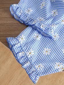 SHEIN 2pcs/Set Toddler Girls' Casual Ribbed Contrast Color Top,Digital Floral Print Plaid Pants,Summer Family Matching Kids Outfits Young Girls Clothing Set - White - View 8